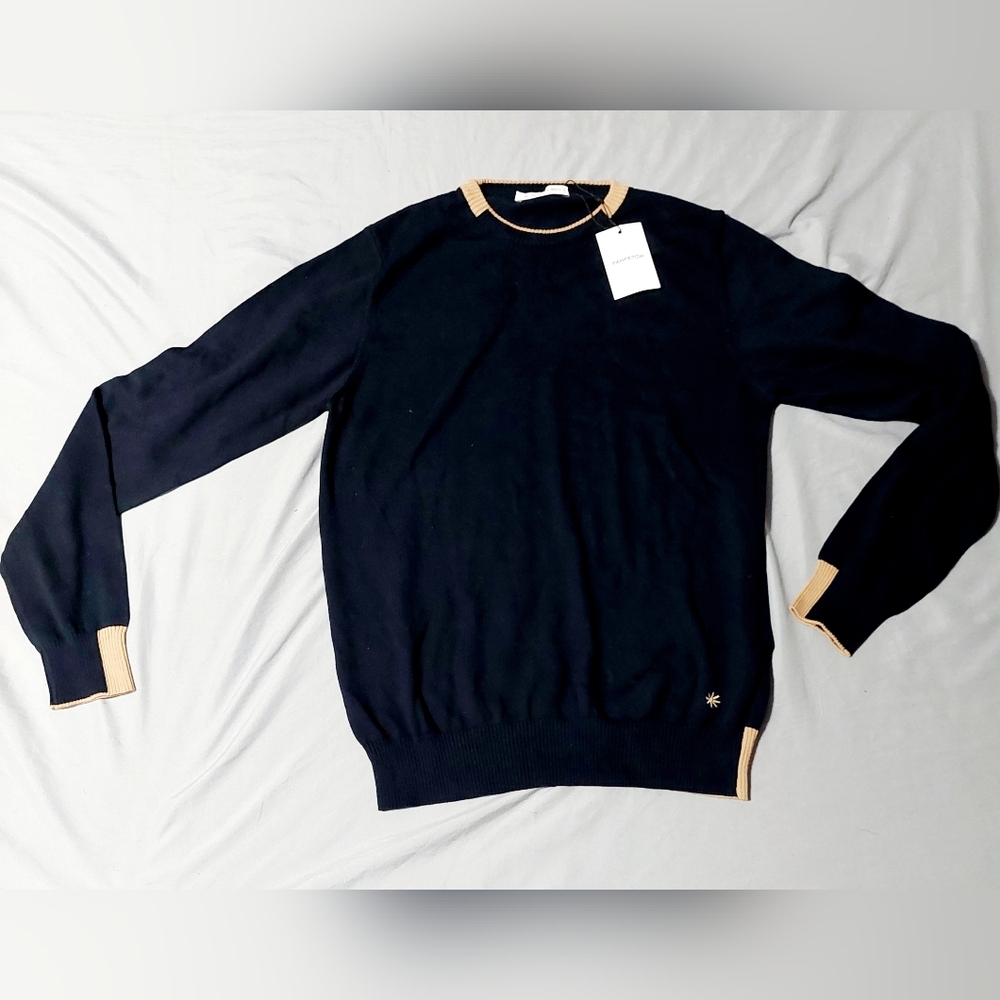 NWT Manuel Ritz navy Sweater with Tan Trim
